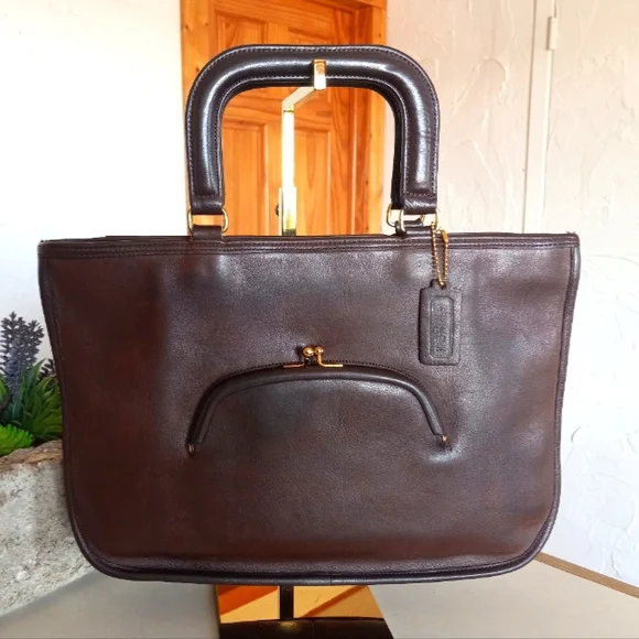 COACH BONNIE CASHIN "Watermelon Tote" Brown Leather Kiss Lock Bag, early 1970s. - Picture 1 of 14